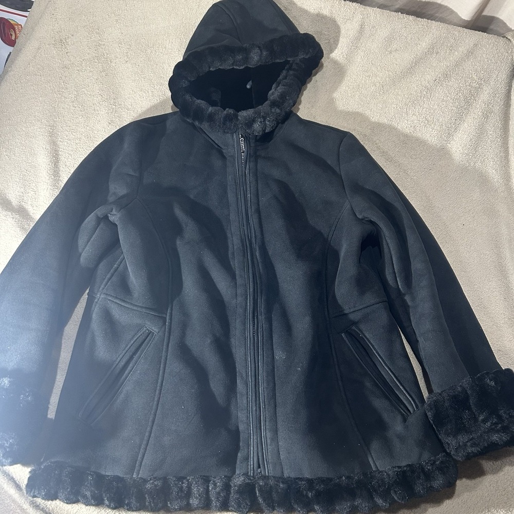 Esprit Black Faux Suede Faux Fur Trim Hooded Zip Winter Coat Womens XL